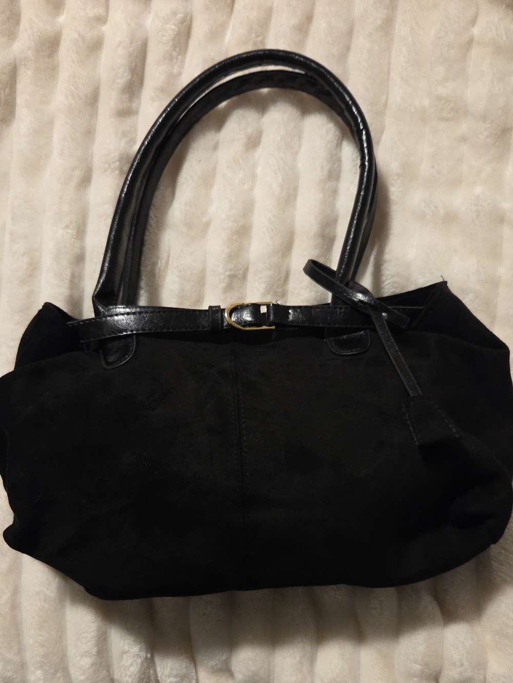 Black Suede Shoulder Bag with Leather Trim